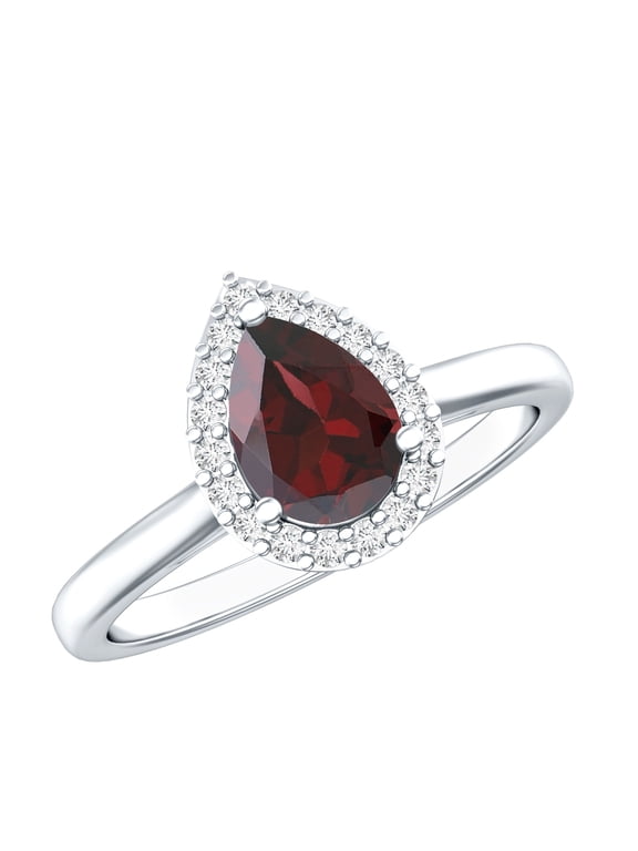 Garnet Pear Shaped Engagement Ring with Halo - 0.8 Carat - Natural Garnet Diamond Ring - AAA Quality, 925 Sterling Silver, US 4.00
