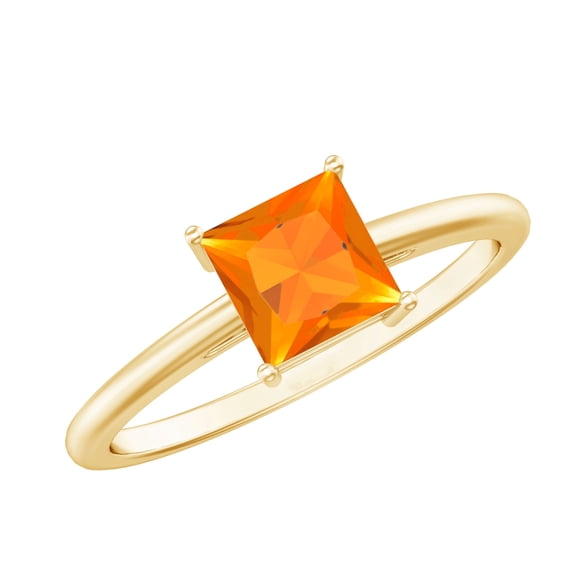 Rosec Jewels Princess Cut Real Fire Opal Solitaire Ring, Orange Fire Opal Ring for Women, Gift for her, 10K Yellow Gold, US 11.00