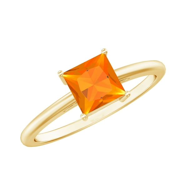 Rosec Jewels 1 CT Princess Cut Real Fire Opal Solitaire Ring, Orange Fire Opal Gold Ring for Women, Gift for her, 10K Yellow Gold, US 9.50