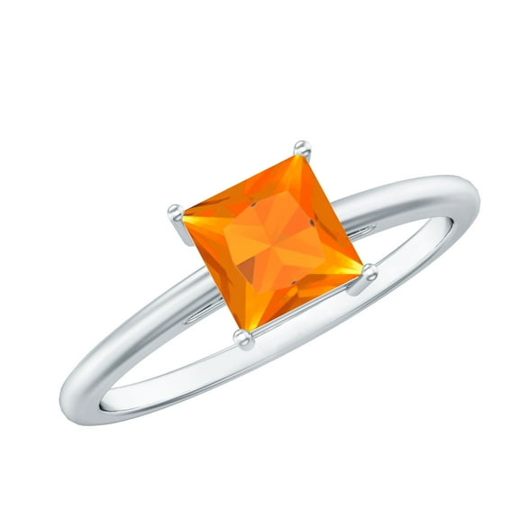 Rosec Jewels 1 CT Princess Cut Real Fire Opal Solitaire Ring, Orange Fire Opal Gold Ring for Women, Gift for her, 14K White Gold, US 8.50