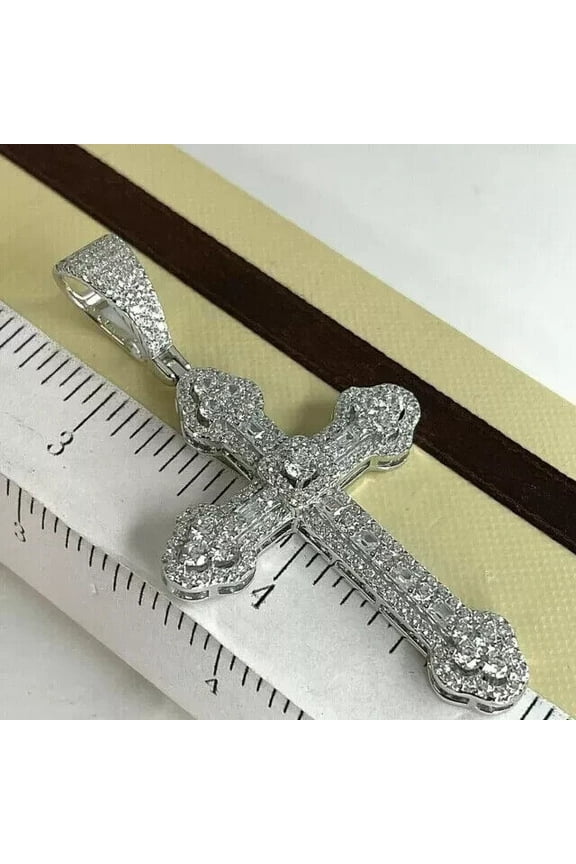 1 CT Round Lab Created Diamond Cross Mens Necklace Pendant 14K White Gold Over