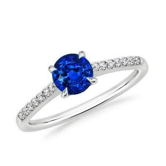 1 CT Round Sri Lanka Diamond Sapphire Ring, 14K White Gold - Size 6.5