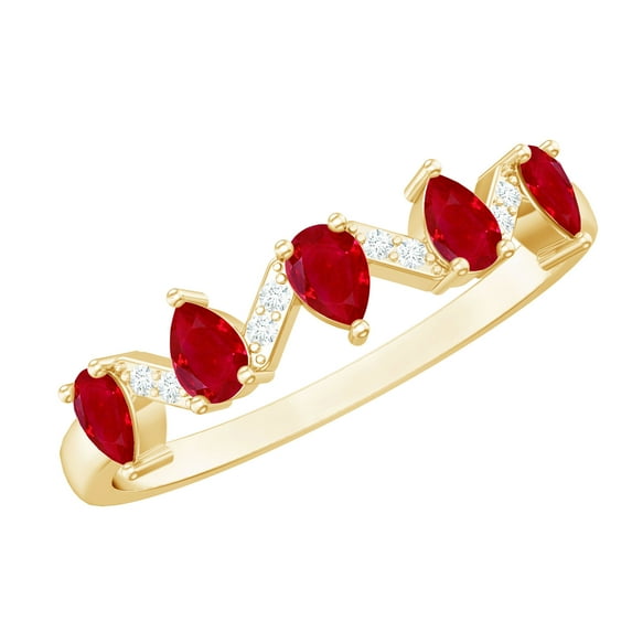 Rosec Jewels 1 CT Ruby and Diamond Ring, Pear Cut Ruby and Diamond Half Eternity Ring, Anniversary Gift for Her, 14K Yellow Gold, US 3.00