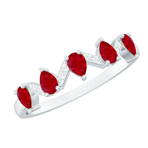 Rosec Jewels Natural Ruby and Diamond Ring for Women - Pear Shaped Ruby Half Eternity Ring - Ready to Gift for 15th Anniversary, 925 Sterling Silver, US 5.00