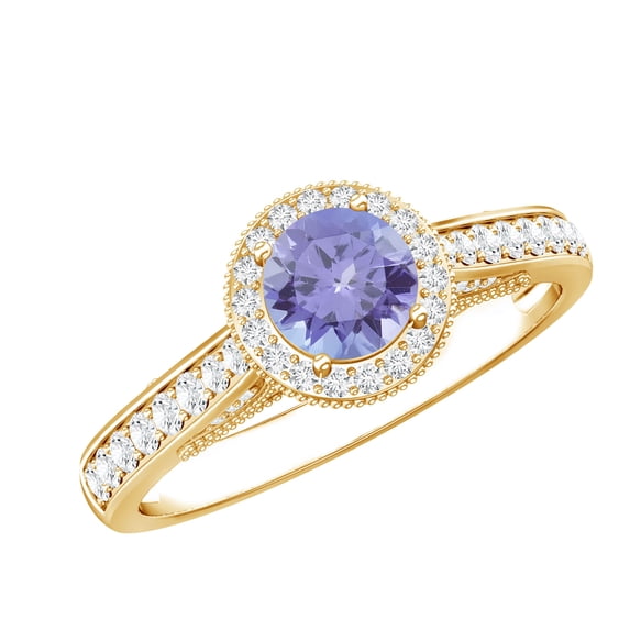 Rosec Jewels Tanzanite Engagement Ring with Halo - 1/2 Ct - Vintage Style Tanzanite Diamond Ring - AAA Grade - with Jewelry Box, 10K Yellow Gold, US 6.50