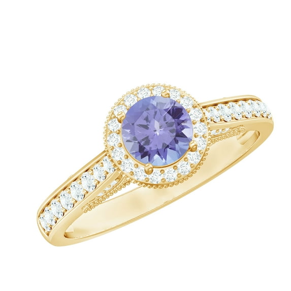 Rosec Jewels Natural Tanzanite Engagement Ring with Halo - 5 mm - Vintage Style Tanzanite Diamond Ring - AAA Grade - With Jewelry Box, 18K Yellow Gold, US 13.00