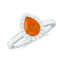 Rosec Jewels 1 CT Teardrop Fire Opal Ring with Diamond for Women, 925 Sterling Silver, US 4.00