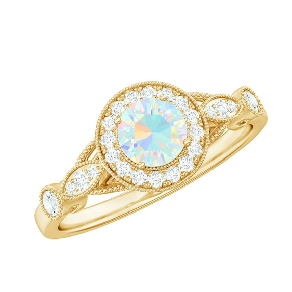 Rosec Jewels Womens Round Shape Ethiopian Opal Ring with Diamond Accent, 18K Yellow Gold, US 11.50