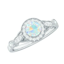Rosec Jewels 1 CT Womens Round Shape Ethiopian Opal Ring in Gold with Diamond Accent, 925 Sterling Silver, US 4.00