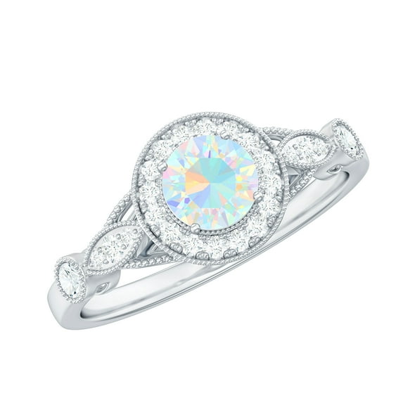 Rosec Jewels 1 CT Womens Round Shape Ethiopian Opal Ring in Gold with Diamond Accent, 925 Sterling Silver, US 4.00