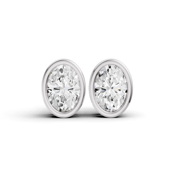 1 CTW Oval Cut Lab Grown Diamond Solitaire Earrings With Bezel Setting in 14K White Gold