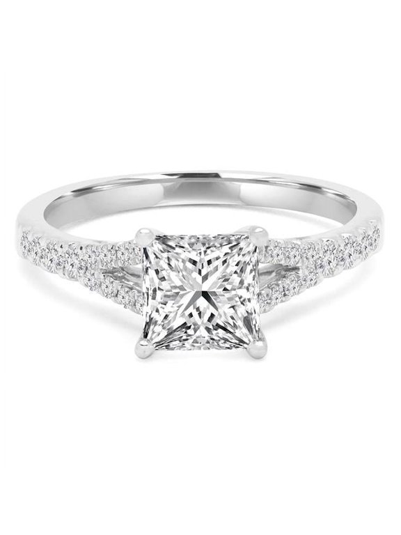 1 CTW Princess Diamond Split-Shank 4-Prong Solitaire Engagement Ring with Accents in 14K White Gold - Size 3.5