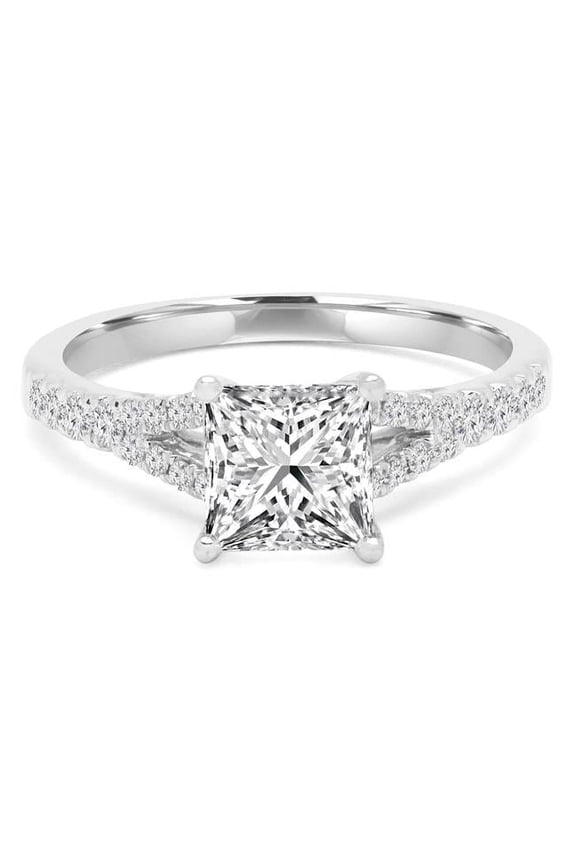 1 CTW Princess Diamond Split-Shank 4-Prong Solitaire Engagement Ring with Accents in 14K White Gold - Size 6