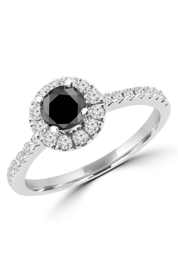 1 CTW Round Black Diamond Halo Engagement Ring in 14K White Gold - Size 9