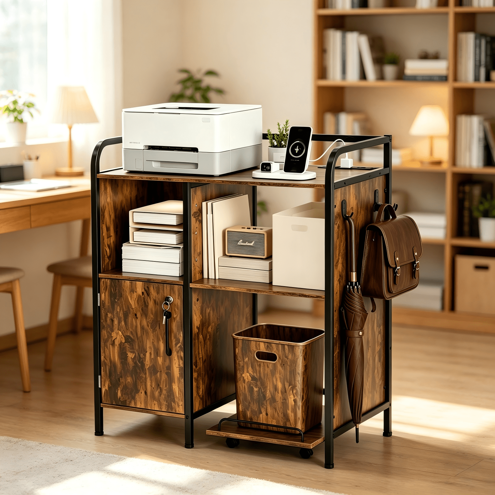 1 Cabinet Door 3-Layer Printer Rack P2 Particleboard + Iron Pipes & Melamine Veneer + Powder-Coated Storage Rack, 31.5*17.72*35.43in, Rotten Wood