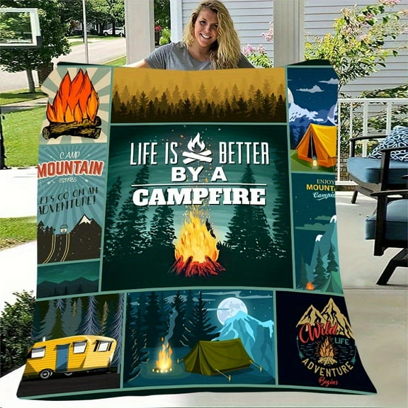 1 Camping Theme Gift Blanket for Men And Women Couples Flannel Blanket, Happy Campers Decoration Outdoor Blanket, Happy Camping Trip Hiking