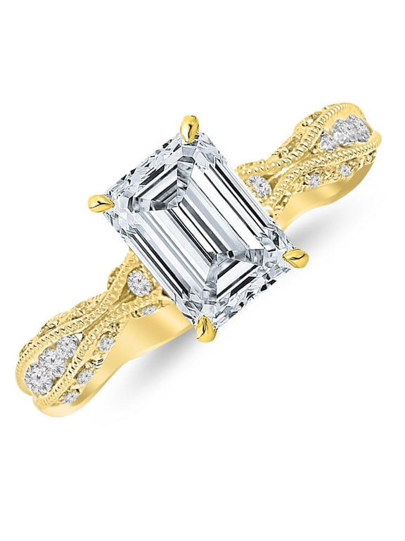 1 Carat 14K Yellow Gold Channel Set Eternity Curving Emerald Cut GIA Certified Diamond Engagement Ring (0.75 Ct K Color VS2 Clarity Center Stone)
