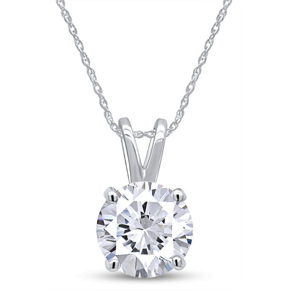 1 Carat 6.5MM Round Cut Lab Created Moissanite Diamond Solitaire Pendant Necklace In 14K Solid White Gold With 18" Long 925 Sterling Silver Chain (G-H Color,VVS1 Clarity, 1 Cttw)