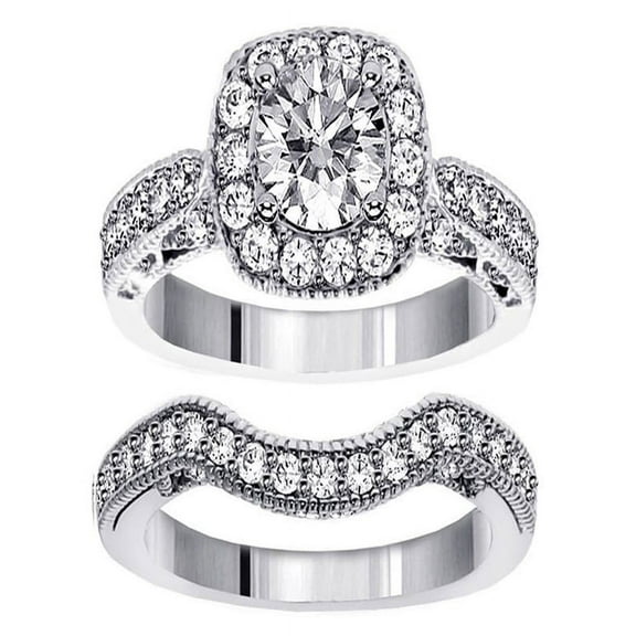 1 Carat Antique Round Engraved Wedding Ring Set in White Gold