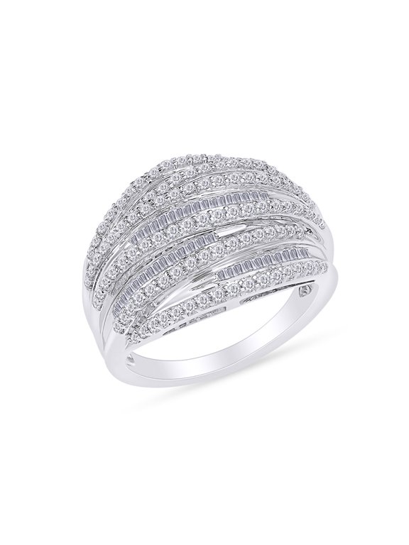 1 Carat Baguette & Round Natural Diamond Multi-Row Cluster Ring in 14k White Gold Over Sterling Silver Size 7.5