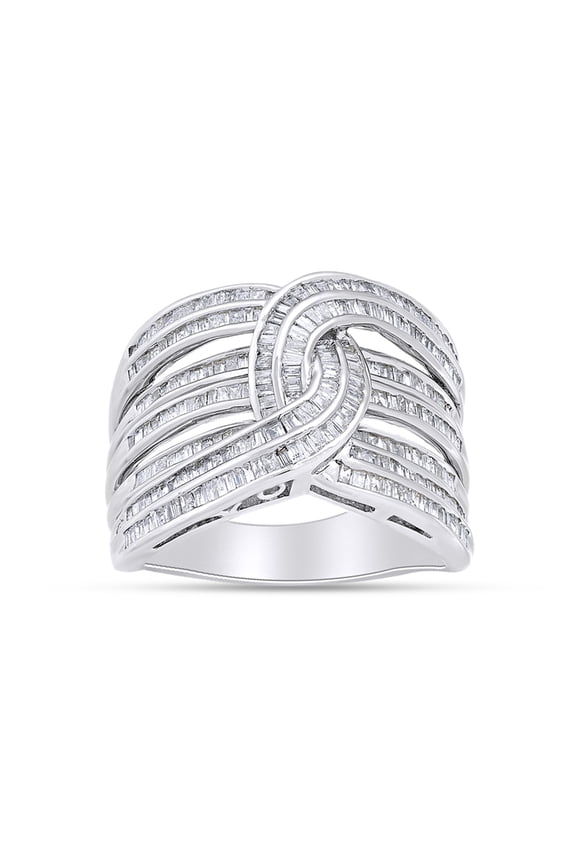 1 Carat Baguette White Natural Diamond Interwoven Statement Ring in 14k White Gold Over Sterling Silver Size 7