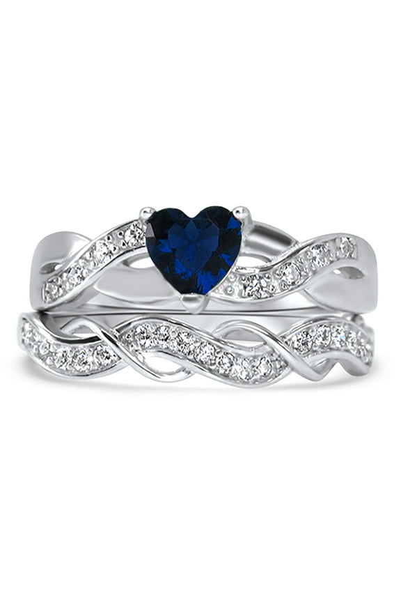 1 Carat Blue CZ Heart Cut Wedding Ring Set Simulated Sapphire Bridal Set Platinum Plated Sterling Silver for Women Size 8