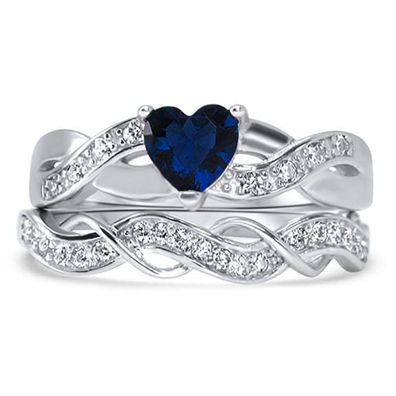 1 Carat Blue CZ Heart Cut Wedding Ring Set Simulated Sapphire Bridal Set Platinum Plated Sterling Silver for Women Size 9