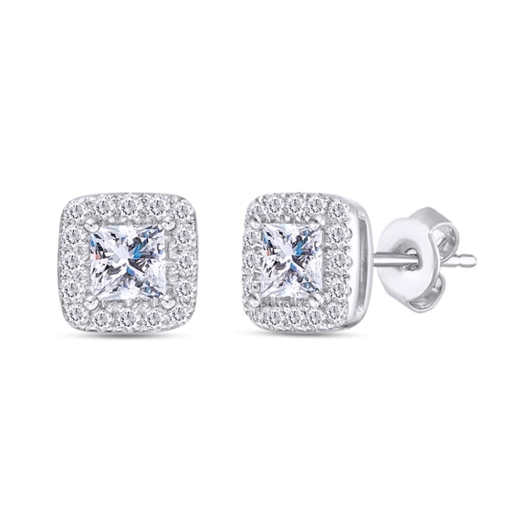 1 Carat CT Princess And Round Cut Diamond Cushion Frame Stud Earrings In 14k Solid White Gold (I-J Color, I2-I3 Clarity, 1 Cttw)