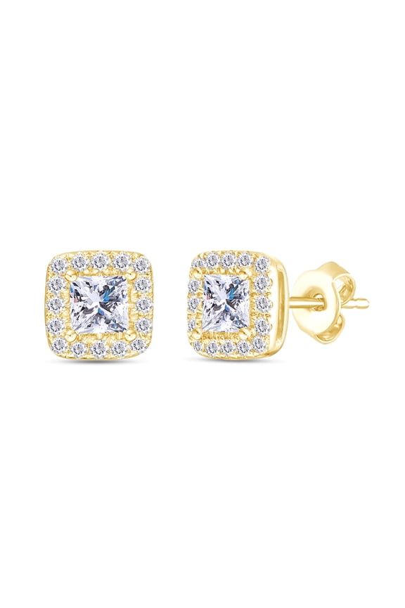 1 Carat CT Princess And Round Cut Diamond Cushion Frame Stud Earrings In 14k Solid Yellow Gold (I-J Color, I2-I3 Clarity, 1 Cttw)