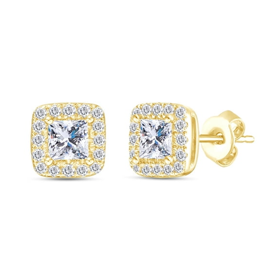 1 Carat CT Princess And Round Cut Diamond Cushion Frame Stud Earrings In 14k Solid Yellow Gold (I-J Color, I2-I3 Clarity, 1 Cttw)