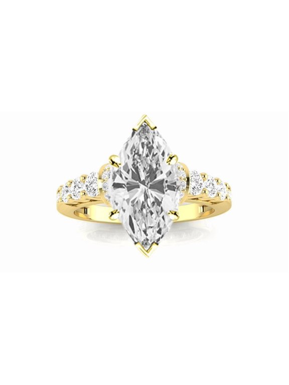 1 Carat Center 14K Yellow Gold LAB GROWN DIAMOND Designer Four Prong Pave Set Round Marquise Cut Diamond Engagement Ring (D-E Color VS1-VS2 Clarity) Size: 4