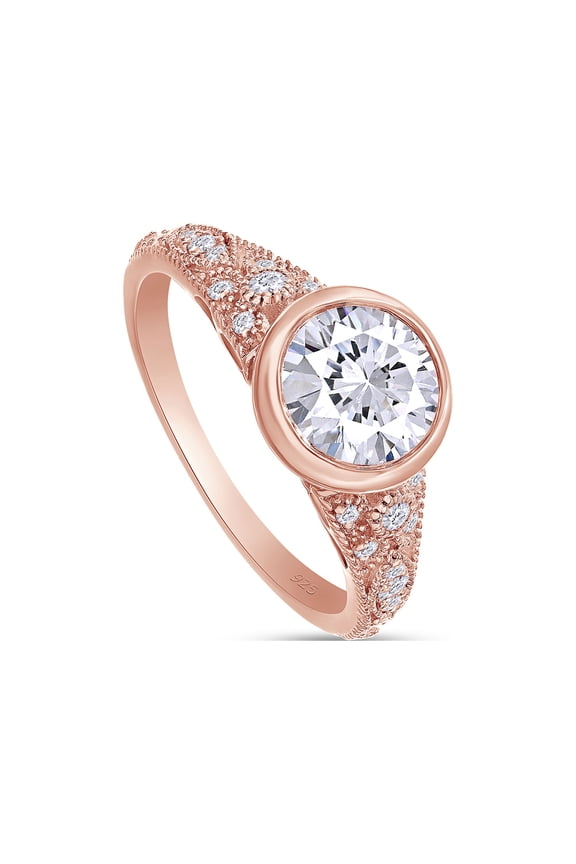 1 Carat Center 6.5MM Round Cut Lab Created Moissanite Diamond Bezel Set Vintage Style Engagement Ring for Women In 14K Rose Gold Over Sterling Silver (VVS1 Clarity, 1.00 Cttw)-4