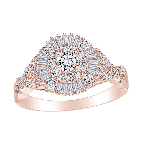 AFFY 1 Carat (Ctw) Baguette & Round Shape White Natural Diamond Tri-Sides Engagement Ring In 14k Solid Rose Gold Ring Size-6