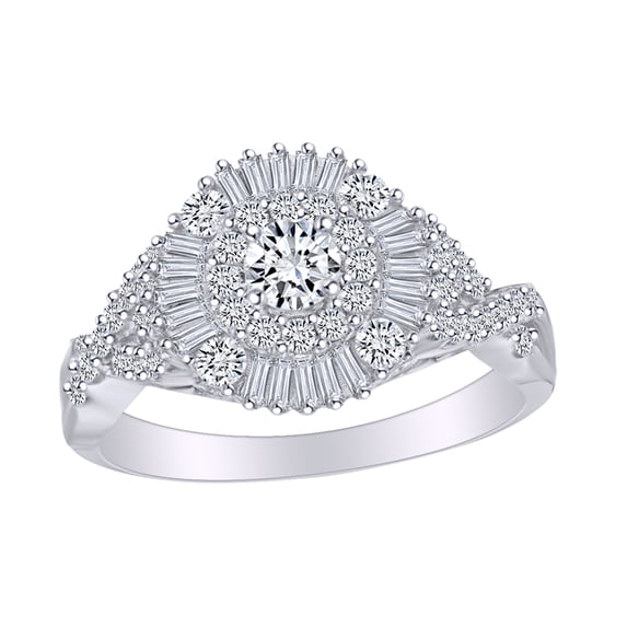 AFFY 1 Carat (Ctw) Baguette & Round Shape White Natural Diamond Tri-Sides Engagement Ring In 14k Solid White Gold Ring Size-8
