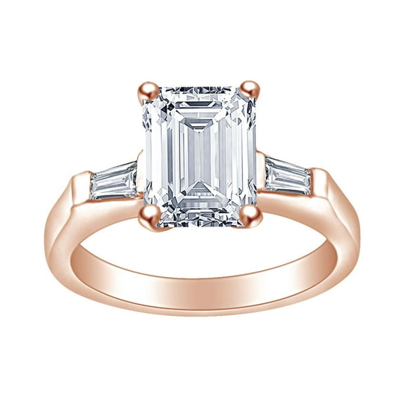 AFFY 1 Carat (Ctw) Emerald & Baguette Cut White Natural Diamond Solitaire Engagement Ring In 14k Solid Rose Gold Ring Size-5
