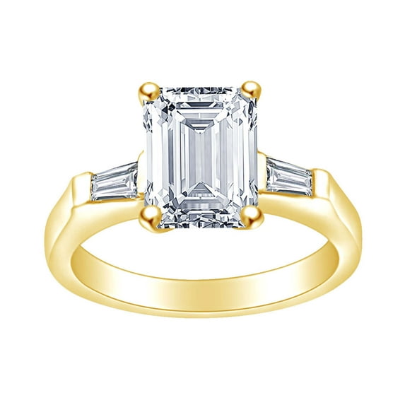 AFFY 1 Carat (Ctw) Emerald & Baguette Cut White Natural Diamond Solitaire Engagement Ring In 14k Solid Yellow Gold Ring Size-5.5