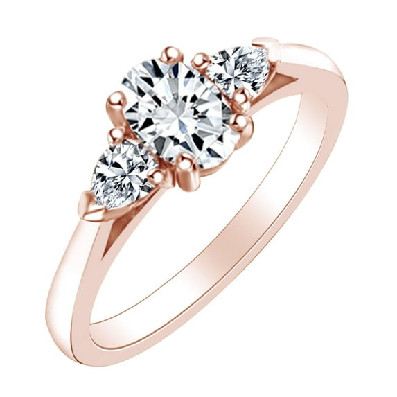 AFFY 1 Carat (Ctw) Oval & Pear Cut White Natural Diamond Three Stone Engagement Ring In 10k Solid Rose Gold Ring Size-10