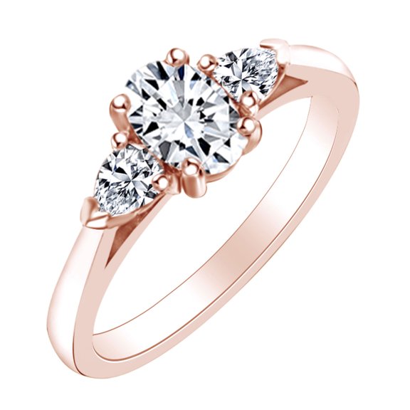 AFFY 1 Carat (Ctw) Oval & Pear Cut White Natural Diamond Three Stone Engagement Ring In 10k Solid Rose Gold Ring Size-9.5