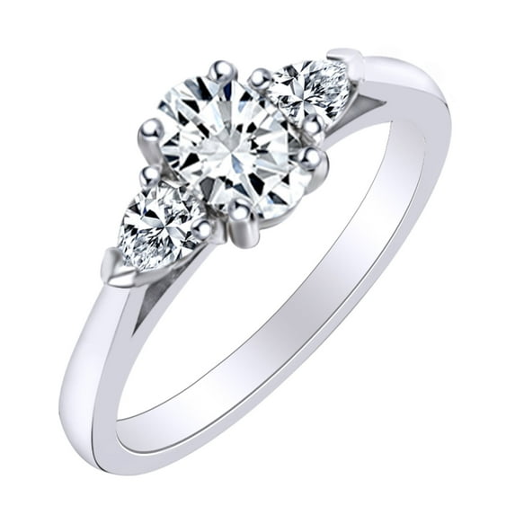 AFFY 1 Carat (Ctw) Oval & Pear Cut White Natural Diamond Three Stone Engagement Ring In 10k Solid White Gold Ring Size-9