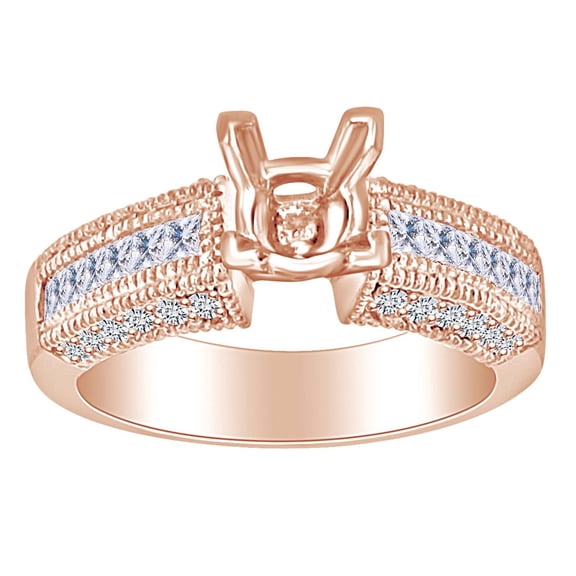 AFFY 1 Carat (Ctw) Princess & Round Cut White Natural Diamond Semi Mount Engagement Ring In 14k Solid Rose Gold Ring Size-5