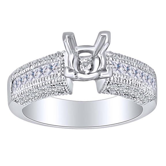 AFFY 1 Carat (Ctw) Princess & Round Cut White Natural Diamond Semi Mount Engagement Ring In 14k Solid White Gold Ring Size-9