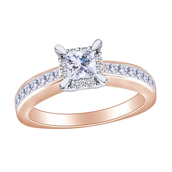 AFFY 1 Carat (Ctw) Princess & Round Cut White Natural Diamond Square Frame Engagement Ring In 14k Solid Rose Gold Ring Size-6