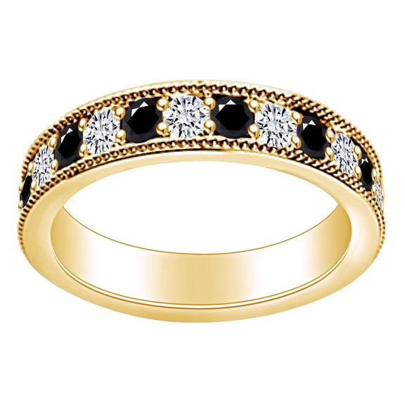AFFY 1 Carat (Ctw) Round Black & White Natural Diamond Eternity Wedding Band Ring In 14k Solid Yellow Gold Ring Size-8