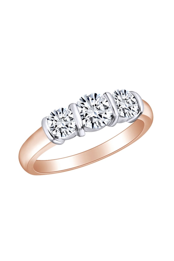 1 Carat (Ctw) Round Cut White Natural Diamond Bar Set Three Stone Engagement Ring In 14k Solid Rose Gold Ring Size-6.5