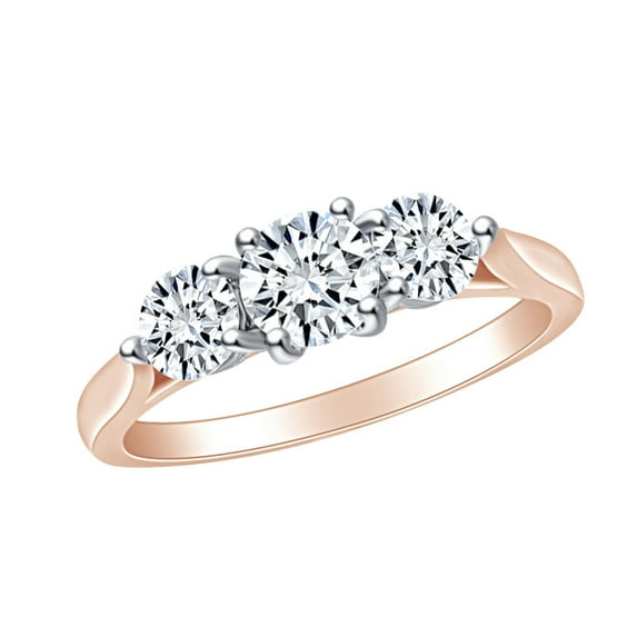 AFFY 1 Carat (Ctw) Round Shape White Natural Diamond Three Stone Engagement Ring In 14k Solid Rose Gold Ring Size-5