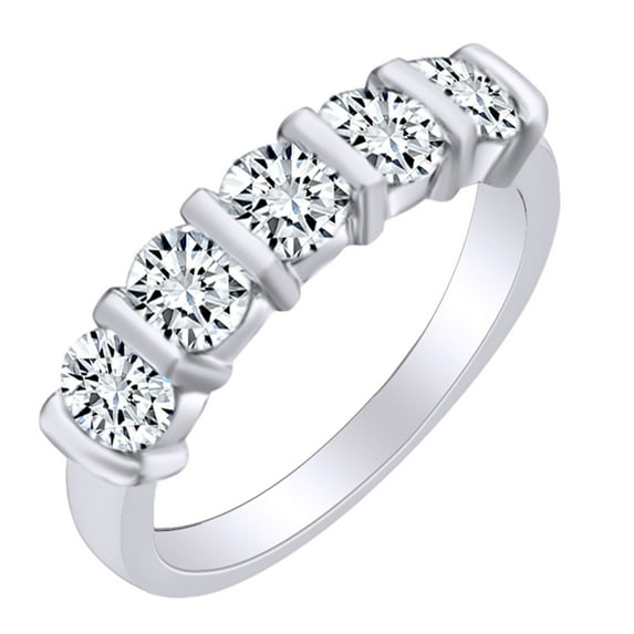 AFFY 1 Carat (Ctw) Round White Natural Diamond Five Stone Eternity Wedding Band Ring In 10k Solid White Gold Ring Size-6.5
