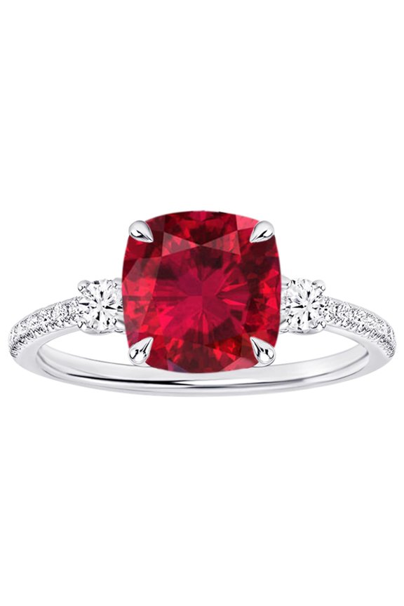 1 Carat Cushion LAB GROWN Ruby and LAB GROWN Diamond Engagement Ring (0.5ct Center, AAAA Heirloom Quality) RISV04W2AM 14K White Gold