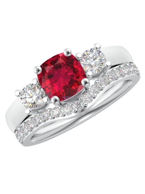 1 Carat Cushion LAB GROWN Ruby and LAB GROWN Diamond Wedding Bridal Set (0.5ct Center, AAAA Heirloom Quality) RIPS65W2AM 14K White Gold