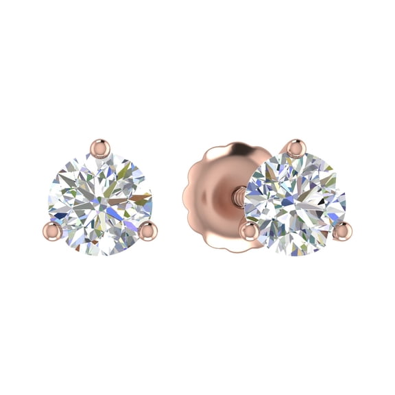 1 Carat Diamond 3-Prong Set Stud Earrings in 14K Rose Gold (with Screw Back)