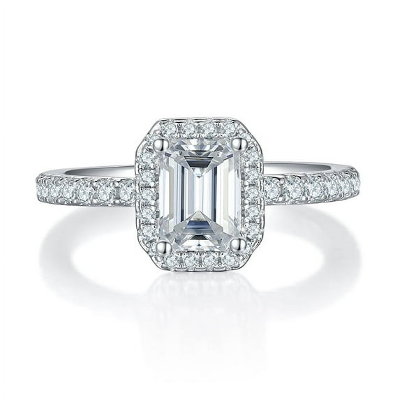 1 Carat Emerald Cut Moissanite - Pave Halo - Diamond Engagement Ring - Promise Ring - 18k White Gold over Silver